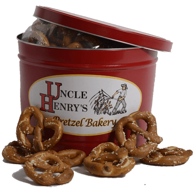 Baked sourdough pretzels in tin