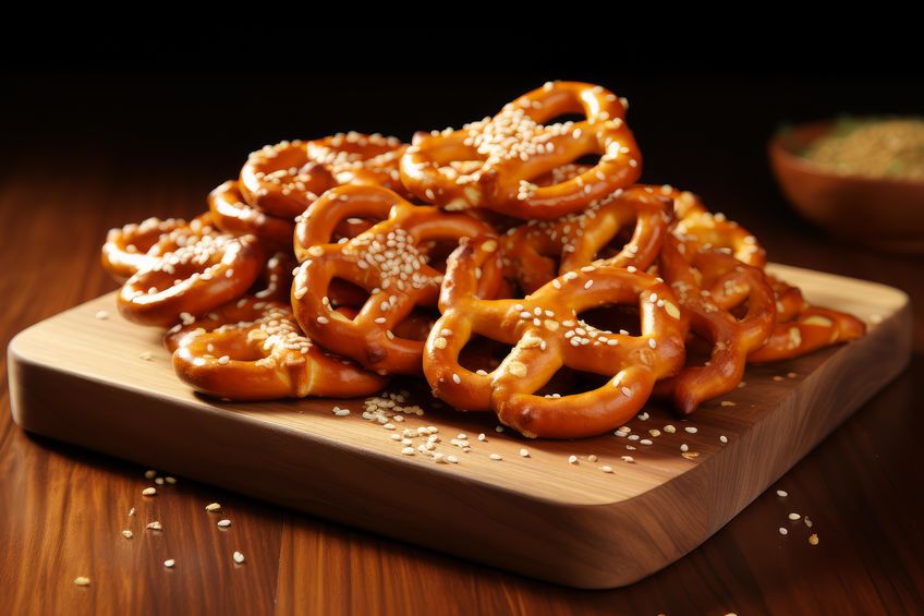 Oven-baked Soft baked pretzel with salt. Displayed with dip for merchandise corner.
