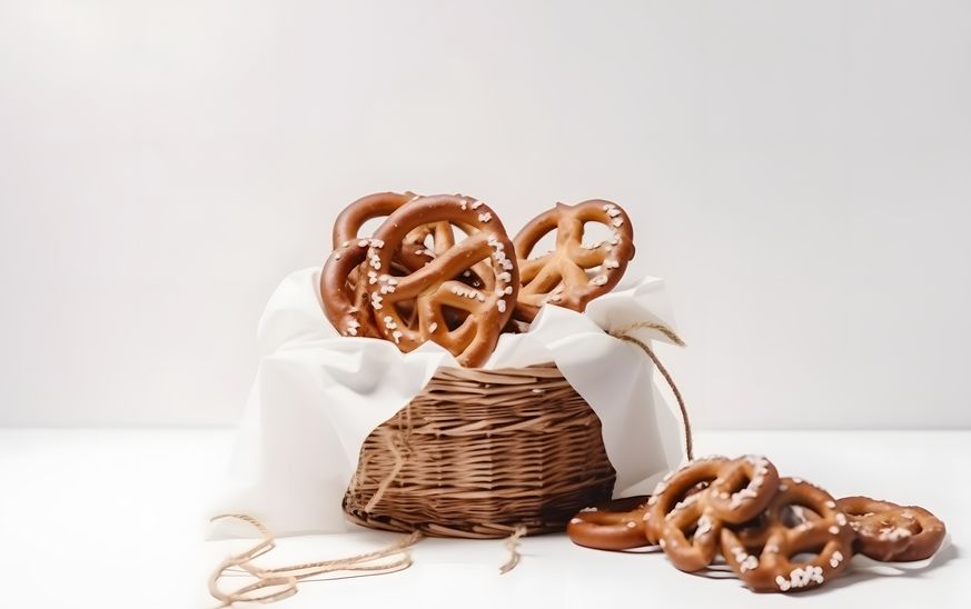 basket with pretzels on a white background, selective focus