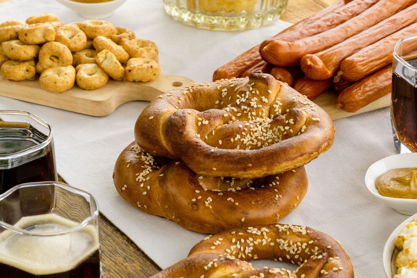 Sourdough baked pretzels with sausage and beer.